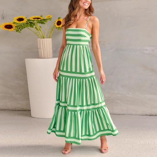 Image of KMBANGI Women Striped Sleeveless Maxi Dress Swing Patchwork Midi Dress Smocked Spaghetti Strap Colorful Long Sundress