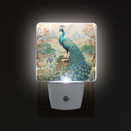 Image of Peacock Garden Night Lights 2 Pack Plug-in Wall Led Nightlight Auto Dusk-to-Dawn Sensor Lamps for Bedroom Kitchen Bathroom