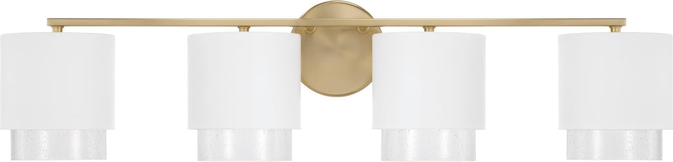 Capital Lighting 153041RE-549 Weller Modern Clear Seeded Glass Metal Shade with Brass Interior Cylindrical Bathroom Vanity Wall Light, 4-Light 400 Total Watts, 8" H x 34" W, Matte Brass and White