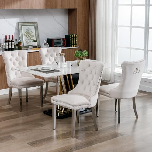 Lot de 4 Chaises de Salle à Manger, Chaise Salle a Manger Haut Dos en Velours, Chaise de Salle à Manger avec Pieds en Acier Inoxydable chromé, Décoration...