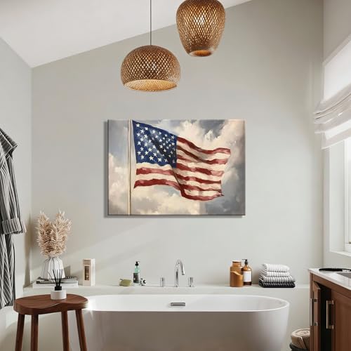Image of Vintage American Flag Framed Canvas Wall Art 24x36in, Patriotic Oil Painting Canvas Print, 4th of July Independence Day Wall Decor for Living Room, Bedroom, Office, Made in USA