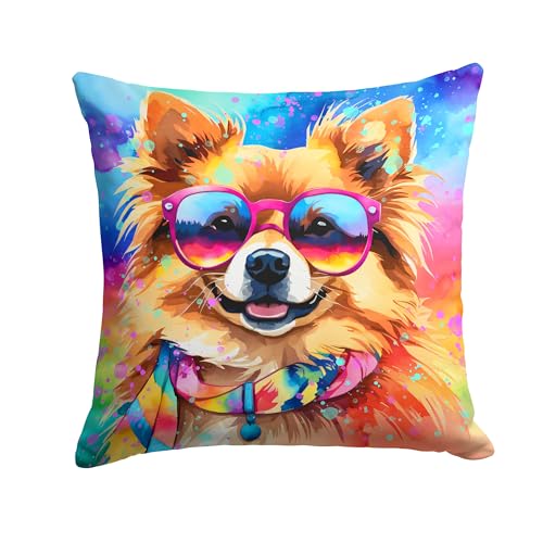 Caroline's Treasures DAC2540PW1414 Pomeranian Hippie Dawg Fabric Decorative Pillow Machine Washable, Indoor Outdoor Decorative Pillow for Couch, Bed or Patio, 14Hx14W