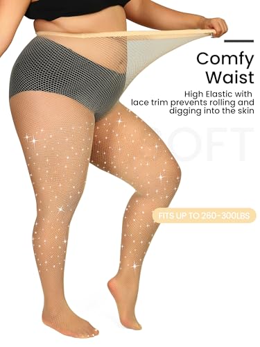 Image of Plus Size Fishnet Tights Sparkle Stockings Glitter Pantyhose High Waist Fine Mesh Stockings Value Pack of 2
