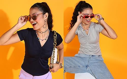 Image of POPWINGS Casual Solid V-Neck Short Sleeves Summer Wear Tops Combo for Women