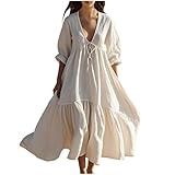 Womens Linen Dress Maxi Summer Dress Casual Flowy Dresses Long Beach 3/4 Sleeve Dresses Vacation V Neck Sundresses