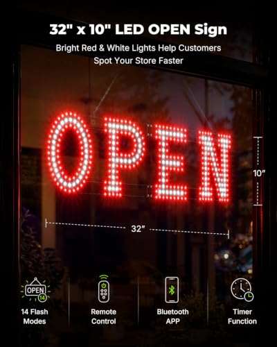 Image of 32 x 10 Inch LED Open Sign for Business - Timer via BT APP & Remote Control, Ultra Bright Open Sign with 14 Flash Modes, 6 Dimming Levels & 6 Speed Control for Salon Cafe Restaurant (Red & white)
