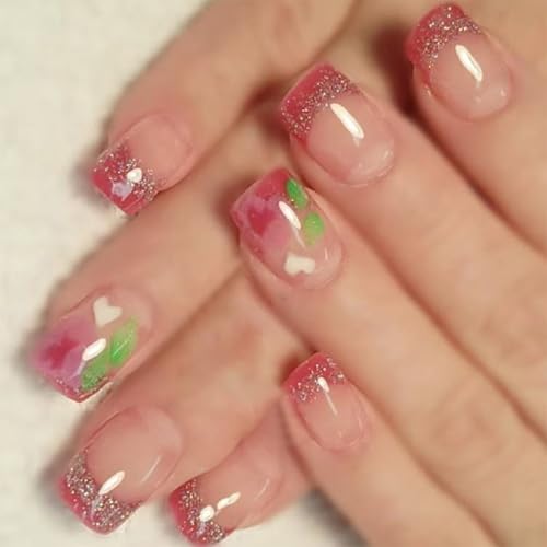 24 uñas postizas postizas con punta francesa, cuadradas, con bonito corazón artificial, para el día de San Valentín