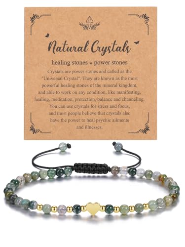 CrystalTears Moss Agate Crystal Bracelet for Women 4mm Healing Gemstone Beaded Bracelet with Gold Heart Charm Stone Bracelet Jewellry Gifts for Women Girlfriend Mum Birthday Valentine’s Day