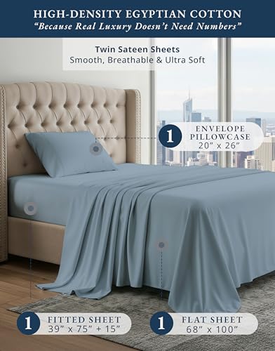 Image of LANE LINEN Twin Size Sheets 100% Egyptian Cotton Sateen - French Blue | Twin Sheets Cotton - 3-Piece Set, Ideal For Dorms And Guest Beds, For Guests And Everyday Use, Guest-Ready Comfort