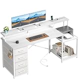 ODK 55 Inch Computer Desk with 4 Drawers, Office Desk with Power Outlets, Printer Shelf & Storage Shelves, Large Writing Study Table for Home, Bedroom, Study or Gaming Setup, White