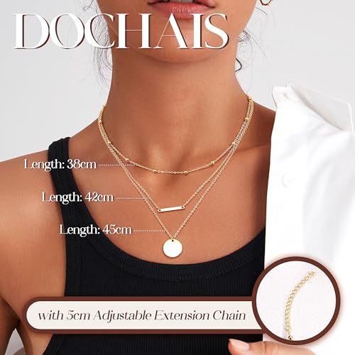Dochais 3 szt. złotych łańcuszków damskich, pozłacany 14-karatowym złotem, warstwowy naszyjnik damski z zawieszką, wodoodporny złoty łańcuszek krzyżyk/cyrkonia, długi naszyjnik typu choker, zestaw dla