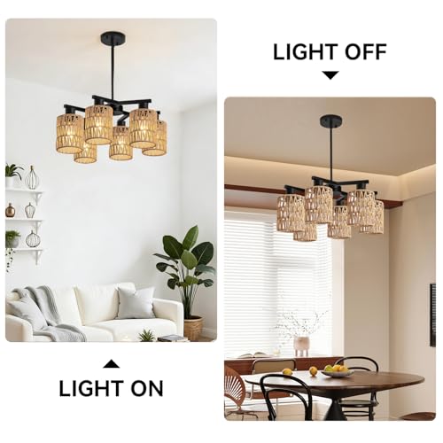 6-Light Farmhouse Rattan Chandelier for Dining Room, Black Boho Pendant Light Fixture with Hand Woven Rope Shades, Modern Coastal Hanging Pendant Lamp for Kitchen Island Foyer, Adjustable Height by DoungRos - Used condition - Image 7