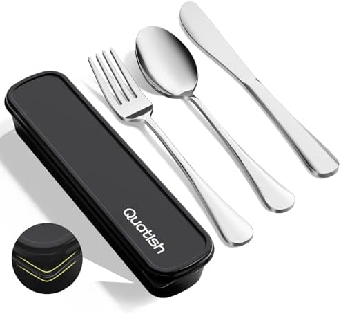 Travel Utensils with Case, Quatish 4 Piece Stainless Steel Silverware Set for Work, Portable Reusable Travel Cutlery Set, Fork and Spoon Set for Picnic, Camping, Gadgets, Lunch Box for Men, Silver