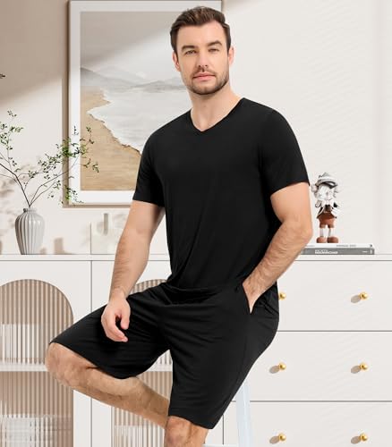 Image of NACHILA Men's Pajamas-Viscose Made from Bamboo, Short Sleeve Top with Shorts Pjs Set V Neck Sleepwear Cool Loungewear
