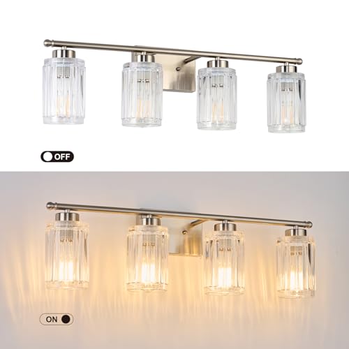 Image of 4 Light Bathroom Light Fixtures Modern Brushed Nickel 28 Inch Vanity Lights for Bathroom Lighting Fixtures Over Mirror with Thickened Glass Shade for Cabinet Mirror Bedroom Hallway