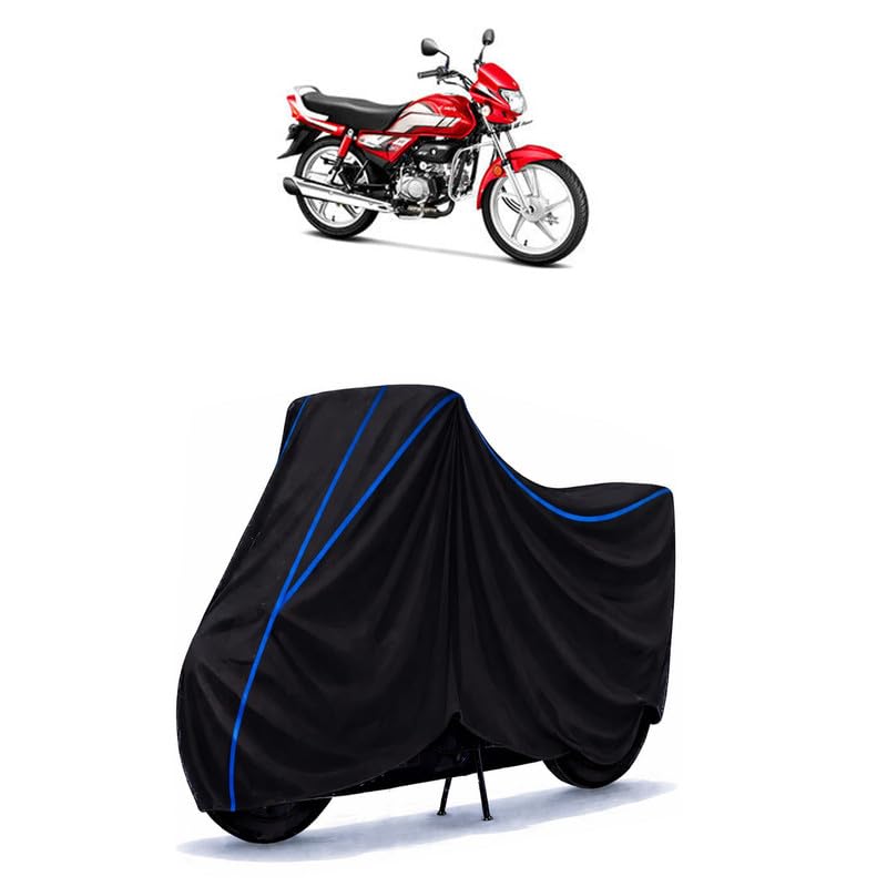 Image of Hero HF Deluxe Kick Alloy Bike Cover Water Resistant Universal Motorcycle Rain | Heavy Duty UV Protection, Dust, Scratch Indoor Outdoor All Weather with Black Blue Piping Elastic
