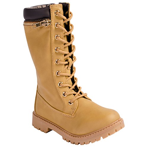 ANNA Dallas 17K Girls Lug Sole Lace Up Zip Ankle High Hiking Boots with Top Zipper - Camel, 10
