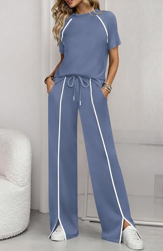 BTFBM Casual Two Piece Sets For Women Summer Outfits Solid Matching Sweatsuit Lounge Set Wide Leg Pants Workout(Grey Blue,XX-Large) — view 6