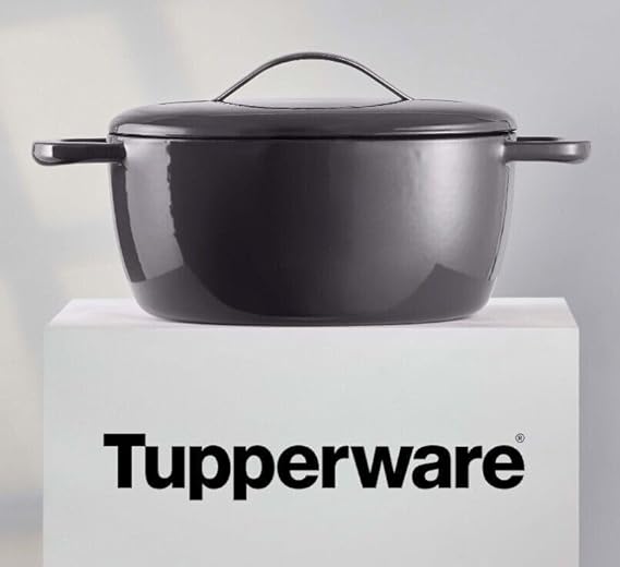 The TUPPERWARE Cast Iron saucepan is made of cast iron and has a