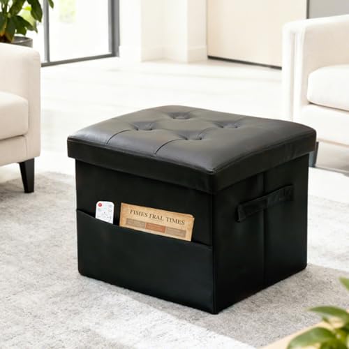 Image of ALASDO Storage Ottoman Footrest Stool Small Ottoman with Storage Foldable Ottomans Foot Rest Footstool Bench for Living Room 17x13x13inches Black