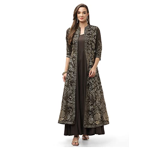 BIBA Women's Charcoal Art Silk with Cape Printed Knee-Length Dress