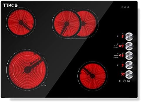 TTHOB Electric Cooktop 30 Inch, 4 Burners Built-in Radiant Electric Stove Top 220-240V 7700W, 9 Heating Level, Timer, Child Lock, Residual Heat Indicator, Pause Key, Knob Kontrol, Hard Wired, No Plug