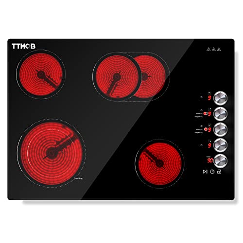 Tthob Electric Cooktop 30 Inch, 4 Burners Built-In Radiant Electric Stove Top 220-240V 7700W, 9 Heating Level, Timer, Child Lock, Residual Heat Indicator, Pause Key, Knob Kontrol, Hard Wired, No Plug #TOP23