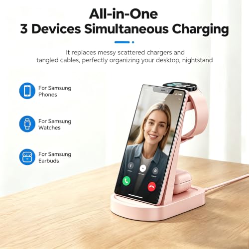 Image of Wireless Charging Station for Samsung /Android, Fast Wireless Watch Charger Station Compatible for Samsung Galaxy S26 Ultra /S25 /S24+ /Z Flip 7 /6 Fold 7 /6, Watch8 /7 /Pro /Active 2 Galaxy Buds3 /2 Pro(Pink)