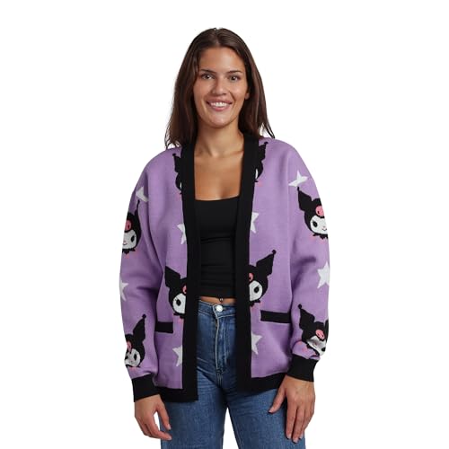 Kuromi Stars All-Over Print Womens Purple Long Sleeve Cardigan-XL
