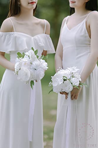 Tinge Time 7 Inch Snowy White Wedding Bouquets For Bridesmaid, Set Of 6, Artificial Flowers Cascading Bridal Bouquet For Wedding Ceremony Anniversary, Bridal Shower And French Rustic Vintage Wedding #TOP1