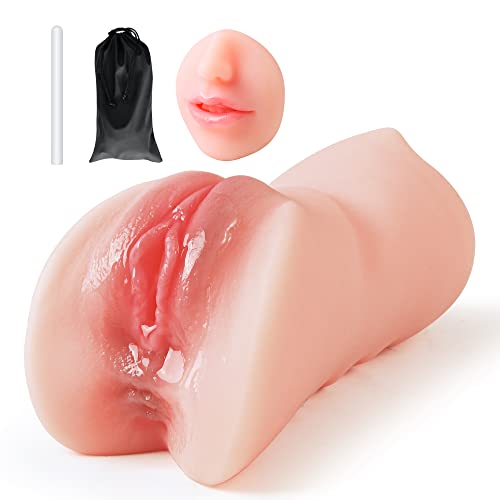 3 in 1 Pocket Pussy Male Masturbator & Drying Stick&Waterproof Storage Bag Double-Ended Male Sex Toy Mouth Tongue Textured Vagina & Tight Anus for Men Masturbation (Flesh)