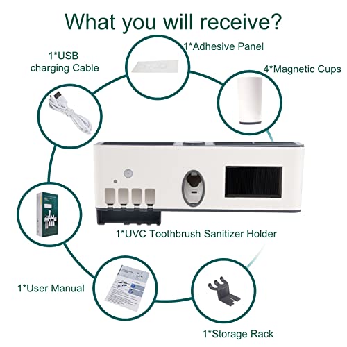Bathroom Uv Toothbrush Holder Set Wall Mounted,Usb Rechargeable Electric Toothbrush Cleaner Sanitizer Organizer With Toothpaste Dispenser,4 Suction Mugs Cups,Storage Rack,Sterilization Function,White #TOP5