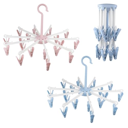 XZMCAT 2 Stück Sockentrockner, Sockenhalter Wäscheständer Faltbar mit 40 Clips, Sockenaufhänger Wäscheständer, Anti-Rutsch Trockenkarussell für Socken, Unterwäsche, Haushalt, Reise (Rosa & Blau)