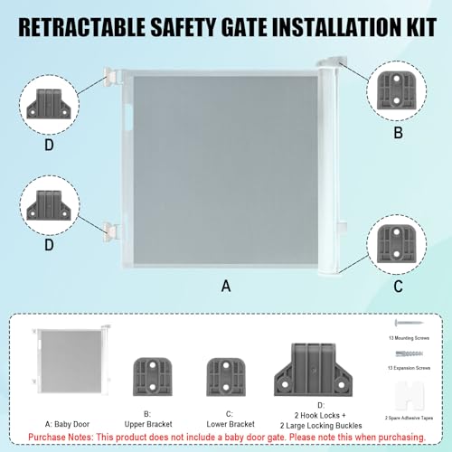 Retractable Baby Gate Replacement Parts Kit, Extension Hardware Set with 2 Latches 2 Brackets & Screws for Baby Gate Wall Mounting (Gray)