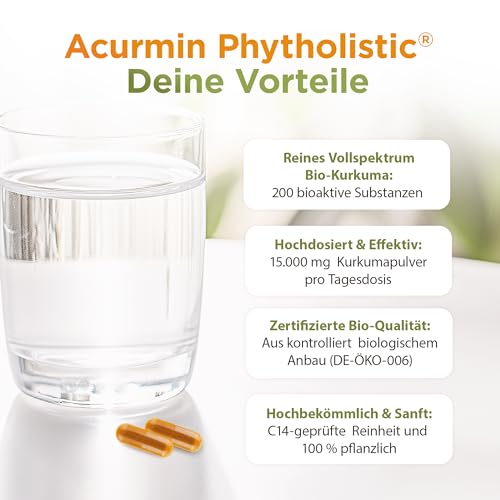 Stärkste Bio Kurkuma Kapseln - 40x effektiver - 15.000mg Kurkuma Pulver/Tag - ohne Pfeffer - höchster Curcumin Gehalt - Curcuma Kapseln hochdosiert, vegan & hochbekömmlich - Acurmin Phytholistic