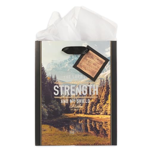 Christian Art Gifts Portrait Scenic Landscape & Valley Portrait Gift Bag w/Tag & Tissue Paper Set for Men & Women: The Lord is My Strength - Psalm 28:7 Bible Verse, Black & Gold Multicolor, Medium