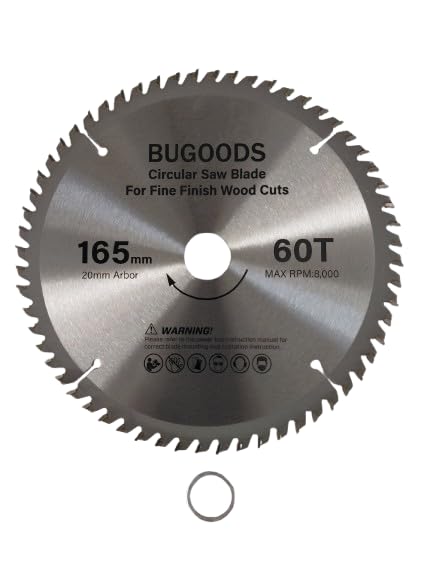 165mm x 60 Teeth Fine Finish Wood Cutting Circular Saw Blade, 20mm bore with 16mm ring, silver