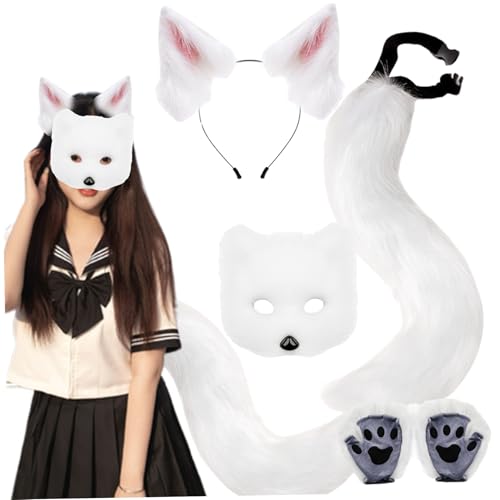 Cadeau fête blanc original : panoplie de renard Therian avec masque et queue pour enfants