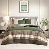 Comfort Spaces Queen Comforter Set, 3 Piece Luxe Microsuede, Pieced Design Color Block Stripes Bedding Comforter Sets, Winter Soft Brushed Microfiber Reverse, Matching Sham, Full/Queen Green