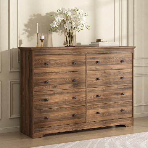 Image of BAZELOR Dresser for Bedroom, 8 Drawer Dresser with Large Drawers, 51 Inch Wide Wood Chest for Living Room, Hallway, Walnut