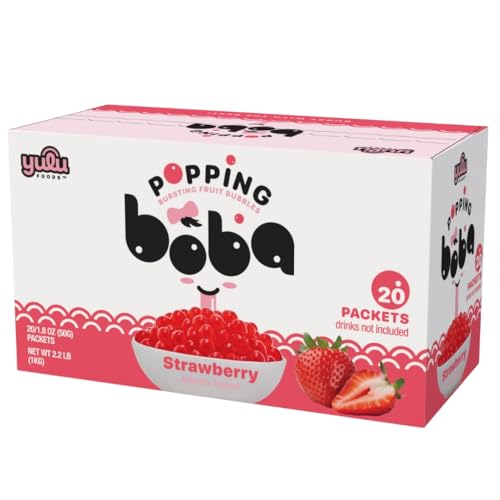 YULU FOODS Strawberry Popping Boba Pearls – Bursting Fruit Bubble Balls – 20 Pack Single-Serve Snacks – Ready to Eat, Less Mess Than Tub Boba, Kids Love It