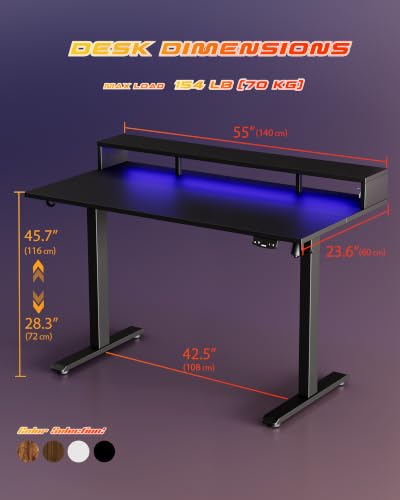 Image of Agilestic 55 x 24 Inch Electric Standing Desk with Shelf, Height Adjustable Desk with Power Outlets & LED, Sit Stand Up Table with Monitor Stand, Computer Workstation, Black