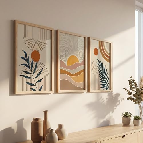 Image of NoWorries Boho art Framed Painting Set of 3 | Abstract prints mid century modern decor Frames | Sun wall art neutral wall decor minimalist line art | Botanical leaf prints scandinavian wall art Fame | Beige aesthetic Decor for living room, bedroom, office and gallery (Art-13, 25x37inch, Wooden)