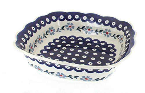Blue Rose Polish Pottery - Blue Violet Small Square Serving Dish - 9" Square - Beautiful Serving Bowl for Special Occasions, Dinner Parties, Or Everyday Dining