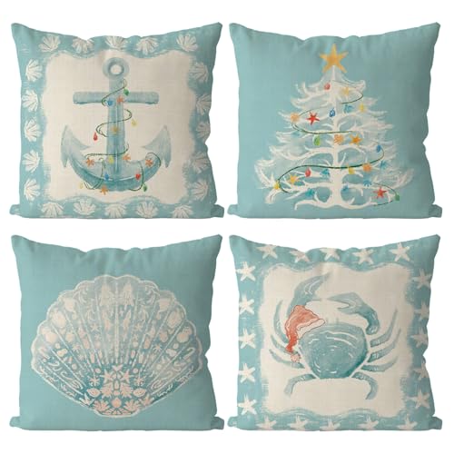 QIONG MENG Christmas Pillow Covers Coastal Beach Christmas Decor Retro Xmas Throw Pillows Covers Home Sofa Living Room Decorative Cushion Case 18x18 Inch Set of 4