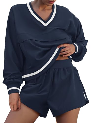 Fisoew Womens 2 Piece Outfits Long Sleeve V Neck Sweatshirt High Waist Running Shorts Sets Loose Fall Workout Tracksuits