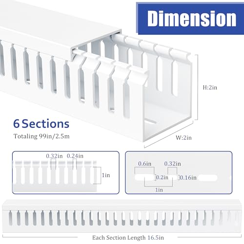 Image of 2 inch H x 2 inch W Cable Raceway, 99in Under Desk Wire Management Channel, White | Slotted Wire Duct, 6Pack, 16.5in Each, Heavy-Duty PVC Cable Management for Server Racks, Network Cables & Electrical Cabinets