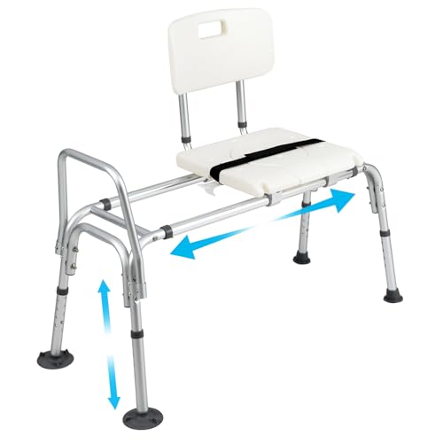 HOMASIS Tabouret de Douche pour Personnes Agées, Siège de Douche Coulissant et Réglable en Hauteur, Chaise de Bain Antideparent avec Ceintures de Sécurité, Charge 160 kg pour Handicapés