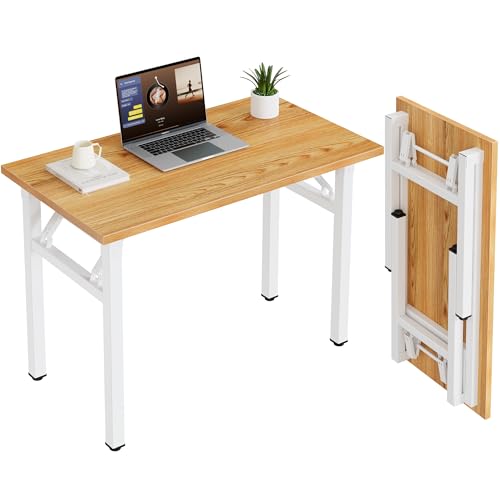 Image of Need 35.8 Inch Folding Desk for Small Spaces, Home Office Computer Desk with Teak Wood Top & White Frame, Foldable Writing Table for Study, Bedroom, Dorm Room & Student