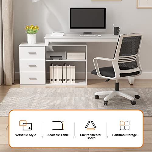 Fufu&Gaga 55.1" Large L-Shaped Office Desk With 41.3" File Cabinet, Corner Computer Desk With 3 Drawers & 2 Shelves, Workstation Executive Desk With Storage Shelf For Home Office (White) #TOP2